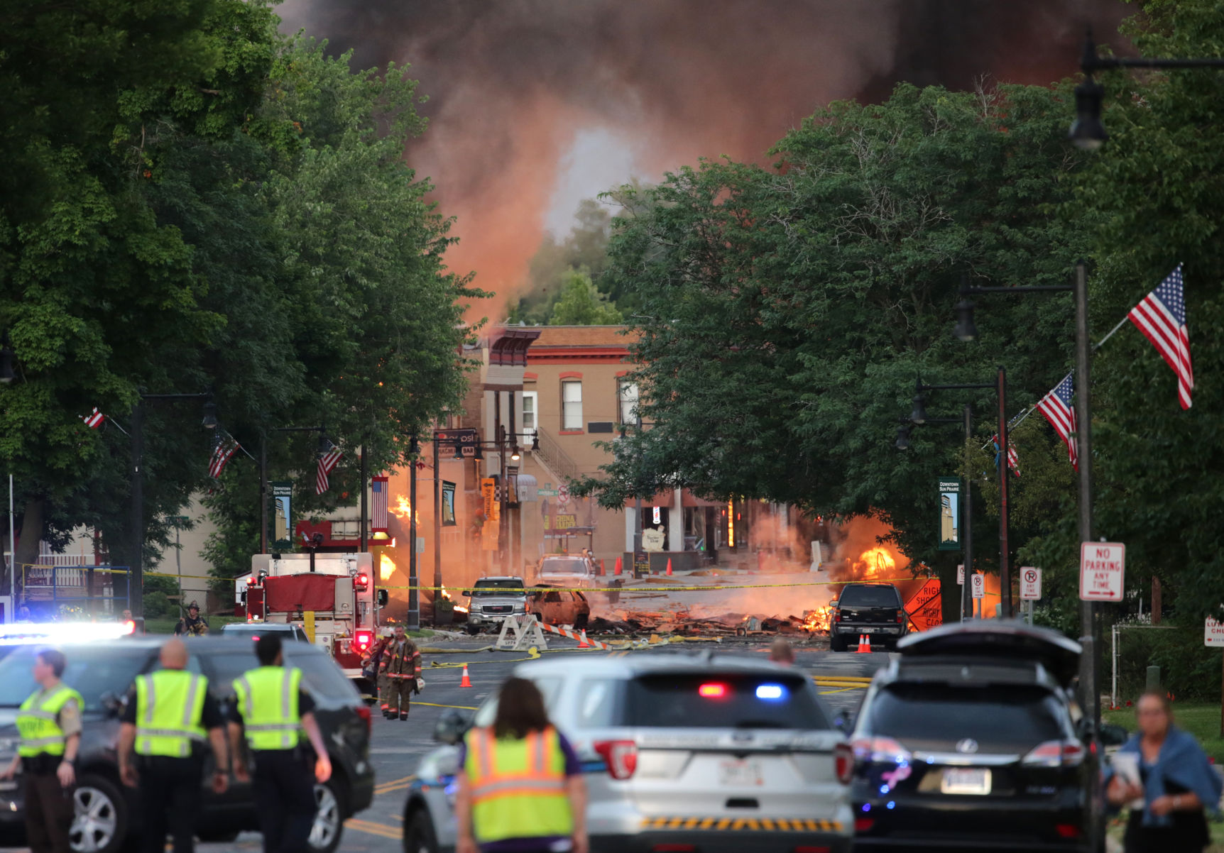 Fire burns in downtown Sun Prairie after a gas leak explosion